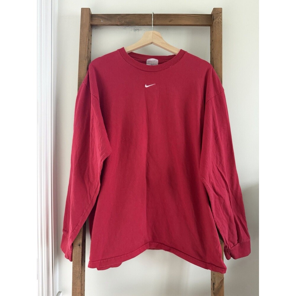 Vintage Nike Center Swoosh Long Sleeve T Shirt Size Large Red Cotton Rare Y2K